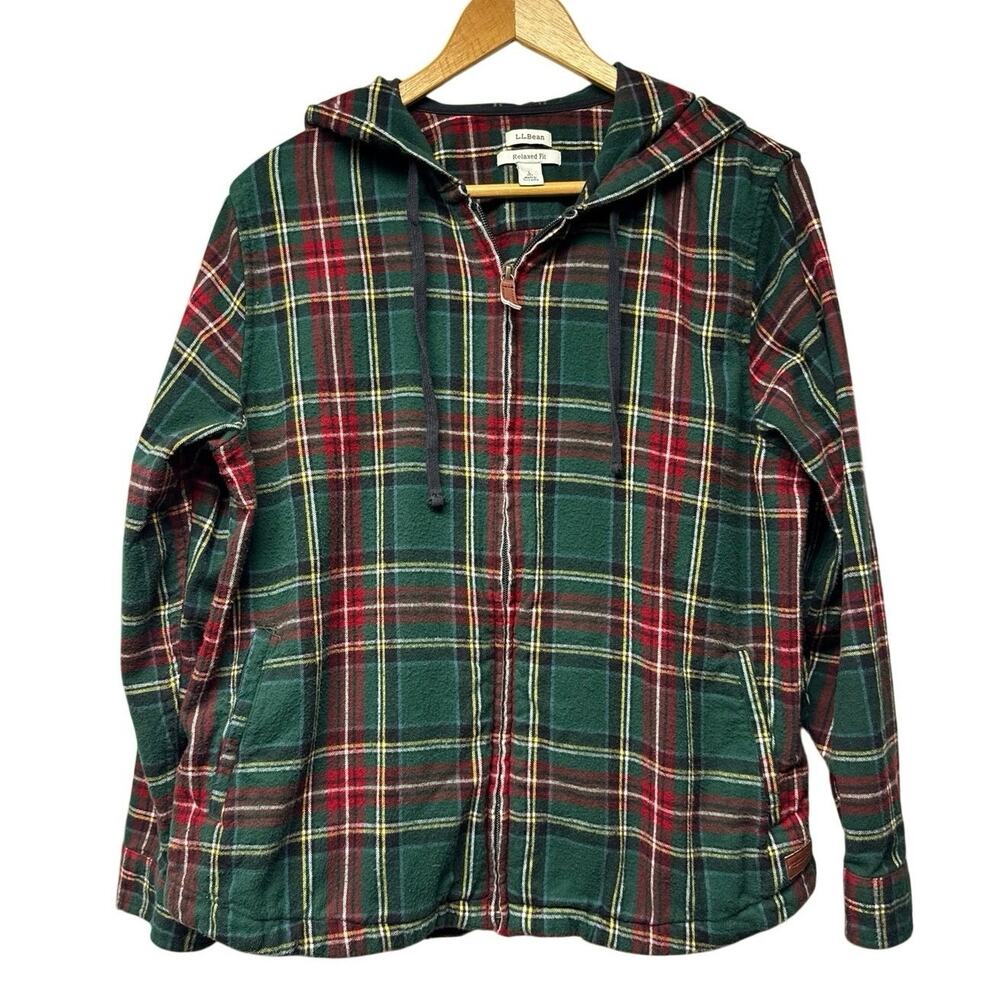 LL Bean Womens Large Petite Plaid Flannel Full Zip Hoodie Green Red Cabincore